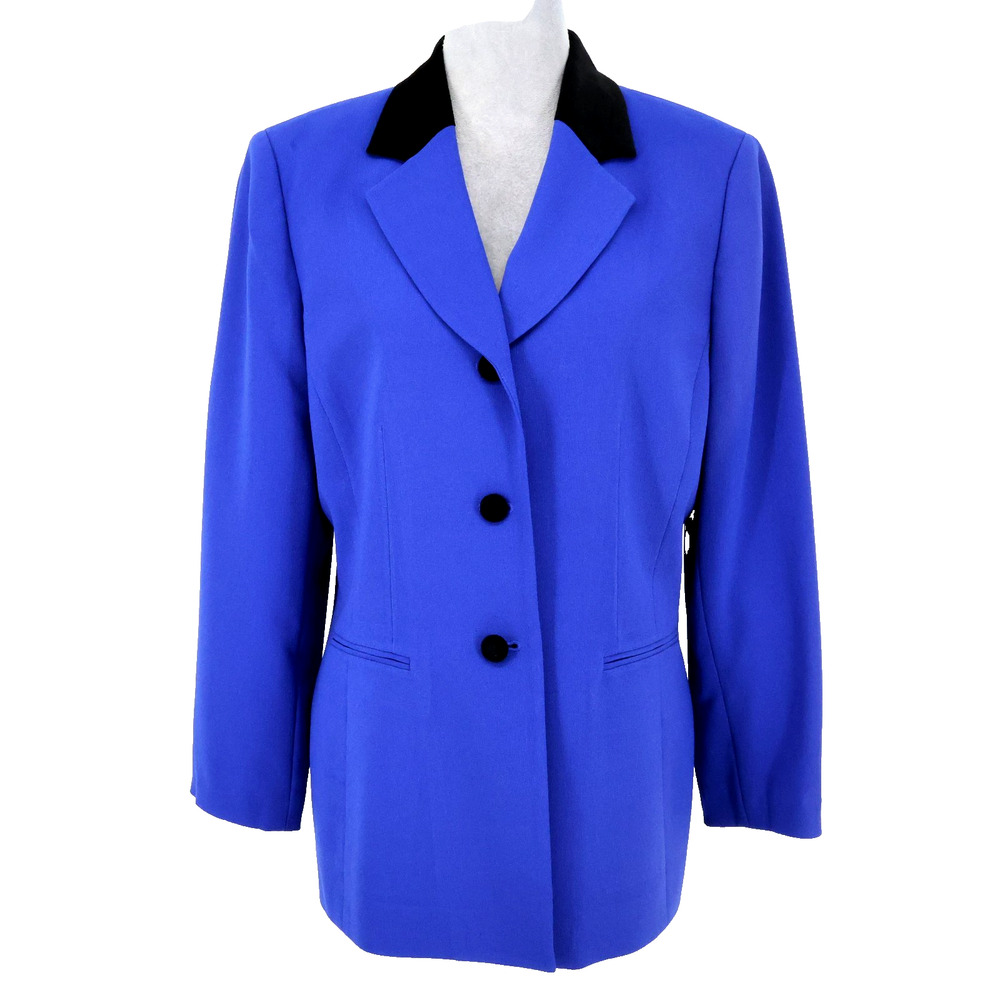 Jones Wear Jacket Womens 12 Blue Crepe Lined Blazer Pockets Black Collar Career